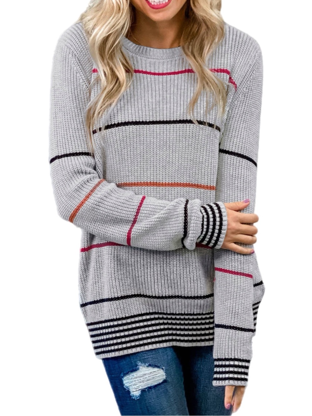 Royal + Reese Cozy Stripe Knit Sweater – Gray, Pink & Orange | Size L
